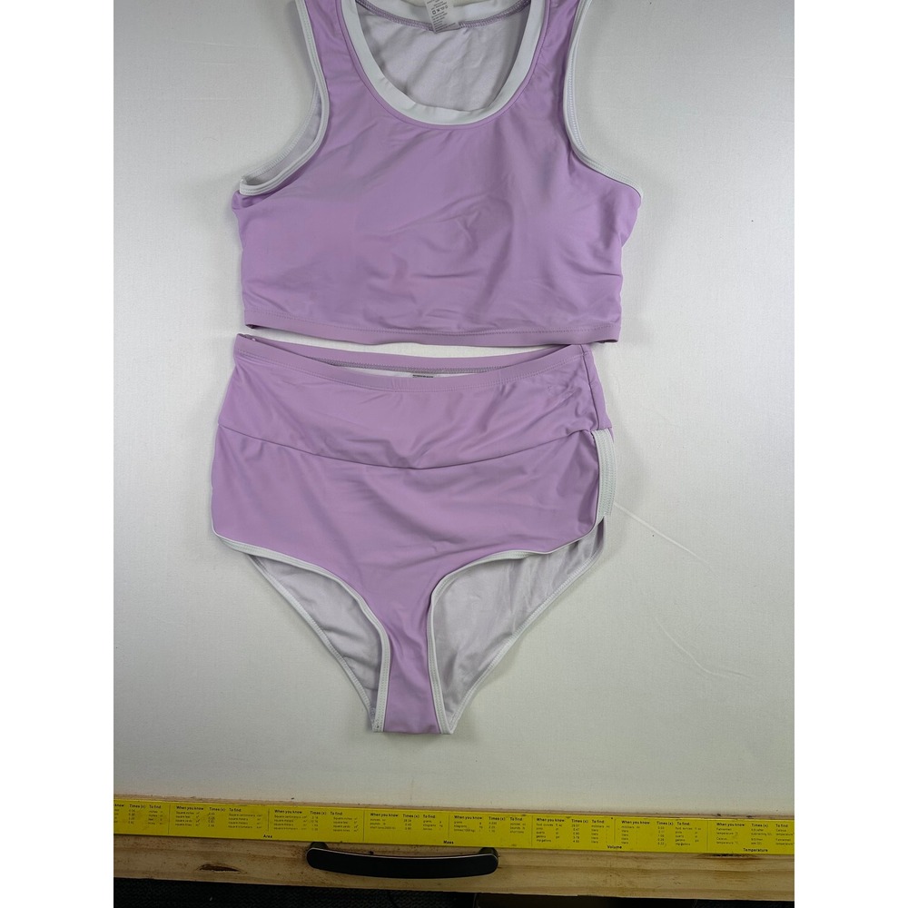Lavender Purple High Neck Tankini Bikini Set High Waisted Bottoms Purple Medium